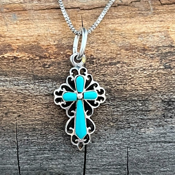 Vintage Native American Sterling Silver Turquoise Cross Pendant - Picture 1 of 7